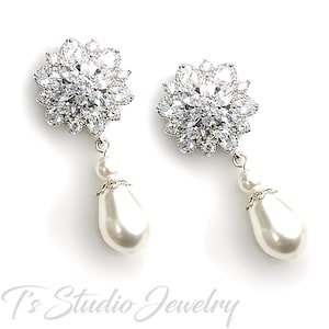 Swarovski Pearl Bridal Earrings with Cubic Zirconia Crystal Flower - Perfect for Bride, Bridesmaid, Maid of Honor, Mother of Bride, or Prom
