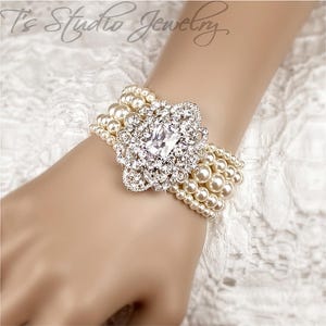5 Strand Pearl Bridal Cuff Bracelet Crystal Rhinestone Brooch Focal White or Ivory Pearl Wedding Jewelry Bridesmaid Prom or Mother of Bride
