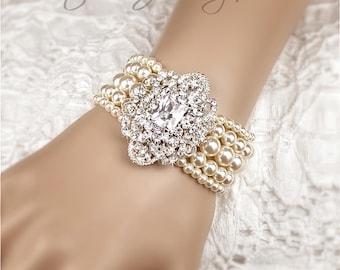 5 Strand Pearl Bridal Cuff Bracelet Crystal Rhinestone Brooch Focal White or Ivory Pearl Wedding Jewelry Bridesmaid Prom or Mother of Bride