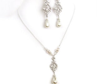 Pearl and Crystal Chandelier Bridal Necklace and Earrings Set - Silver Chain