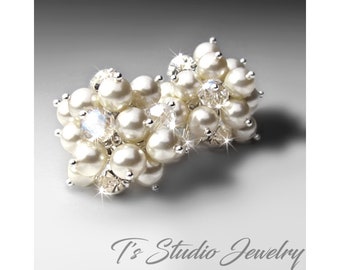 Crystal and Pearl Cluster Bridal or Bridesmaid Earrings - Silver and Ivory Wedding Jewelry