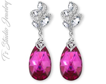 Ruby Red Fuchsia Hot Pink Crystal Bridesmaid Earrings - CHOOSE YOUR COLOR - Jewel Tone Teardrop Bridesmaid Earrings