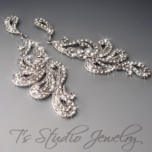 Long Crystal Rhinestone Pave Style Silver and Clear Marquise Shaped Pageant or Bridal Chandelier Wedding Earrings