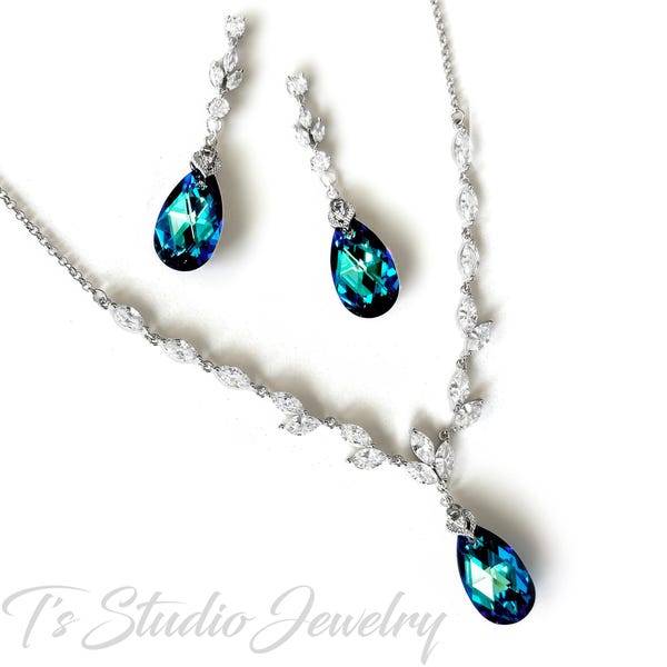 Something Blue Swarovski Crystal and Cubic Zirconia Bridal Wedding Necklace and Earring Set - Peacock Aqua Teal Jewelry Set