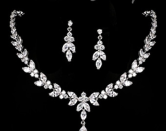 Marquise CZ Cubic Zirconia Bridal Necklace and Earrings Wedding Jewelry Set