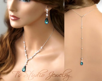 Peacock Blue Bridal Necklace and Earring Set, with Back Drop Lariat Design