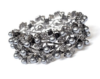 Charcoal Grey Pearl Cuff Bridal Bracelet with Pearls, Rhinestones and Crystals - Dark Gray Pearl Wedding Jewelry