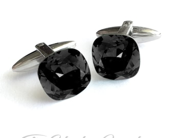 Swarovski Jet Black Crystal Cushion Cut Cufflinks - Black and Silver Cuff Links - Available in several colors
