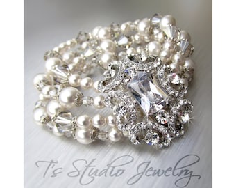 4 Strand Pearl and Crystal Bridal Wedding Cuff Bracelet - White or Ivory Pearl Wedding Jewelry