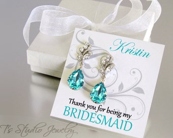 Aqua Turquoise Blue Bridesmaid Earrings - Swarovski Pear Shaped Stones available in other colors