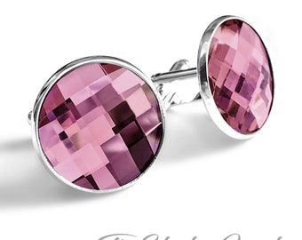 Jewel Tone Antique Pink Swarovski Crystal Large Round Chessboard Cufflinks -  Dusty Lilac Rose and Silver Cuff Links