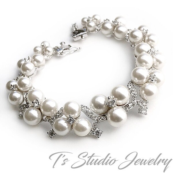 Pearl and Pave CZ Cubic Zirconia Crystal Bridal Wedding Bracelet