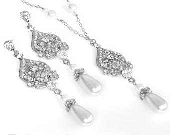 Silver Bridal Necklace and Chandelier Earrings Jewelry Set with Crystal Rhinestones, and Swarovski Pearl Drops In Silver, Gold, or Rose Gold