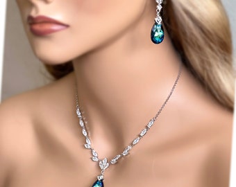 Peacock Bermuda Blue Teardrop Crystal & CZ Cubic Zirconia Bridal Bridesmaid Necklace and Earring Set