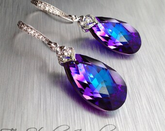 Peacock Purple Blue Teardrop Crystal Bridal or Bridesmaid Earrings - Available in Several Colors