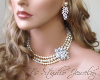3 Strand Pearl Bridal Necklace with Offset Rhinestone Crystal Flower, and Matching Earrings Set