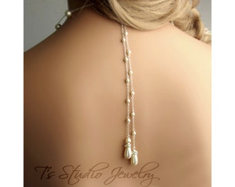 Double Strand Back Drop Pearl Bridal Necklace Backdrop Lariat Style with White or Ivory Pearl - available in silver or gold
