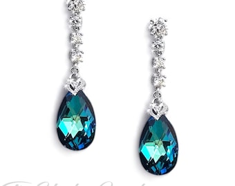 Peacock Blue Chandelier Bridal Wedding or Bridesmaid Earrings - Crystal Teardrop Silver Rhinestone - Something Blue Wedding Jewelry
