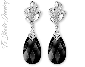 Jet Black and Silver Crystal Bridesmaid Earrings - CHOOSE YOUR COLOR - Teardrop Crystal Bridesmaid Earrings