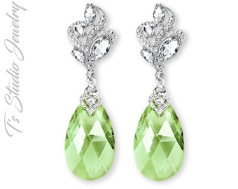 Light Peridot Green Crystal Bridesmaid Earrings - CHOOSE YOUR COLOR - Jewel Tone Teardrop Crystal Bridesmaid Earrings