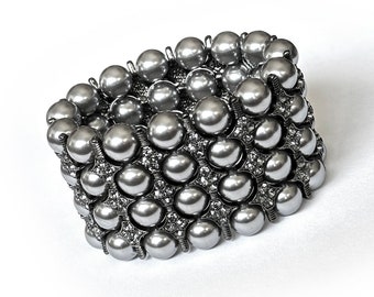 Wide Chunky Charcoal Gray Pearl Bridal Cuff Bracelet, Multi Strand Statement Cuff with Crystal Rhinestone Spacers