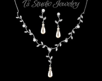 Vintage CZ Cubic Zirconia Pave and Pearl Drops Necklace and Earrings Bridal Jewelry Wedding Set