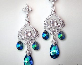 JASMINE Peacock Blue Bridal Chandelier Earrings