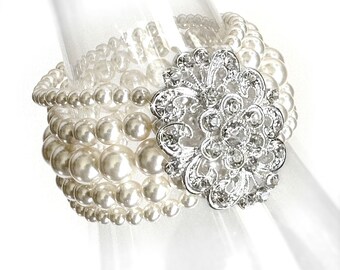 5 Strand Pearl Bridal Cuff Bracelet with Crystal Focal Brooch - White or Ivory Pearl Wedding Jewelry