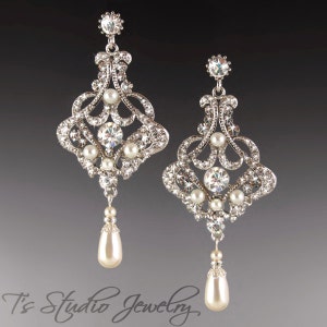 Long Pearl Chandelier Bridal Earrings