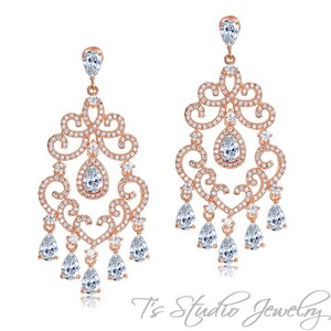 Delicate Rose Gold CZ Crystal and Pearl Chandelier Bridal Wedding Earrings - Crystal or Pearl Dangles