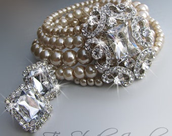 Multi Strand Pearl Cuff Bridal Bracelet Haute Couture Bride Wedding Jewelry
