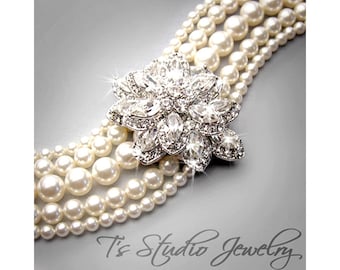 5 Strand Pearl Bridal Cuff Bracelet with Marquise Crystal Rhinestone Focal - White or Ivory Pearl Wedding Jewelry