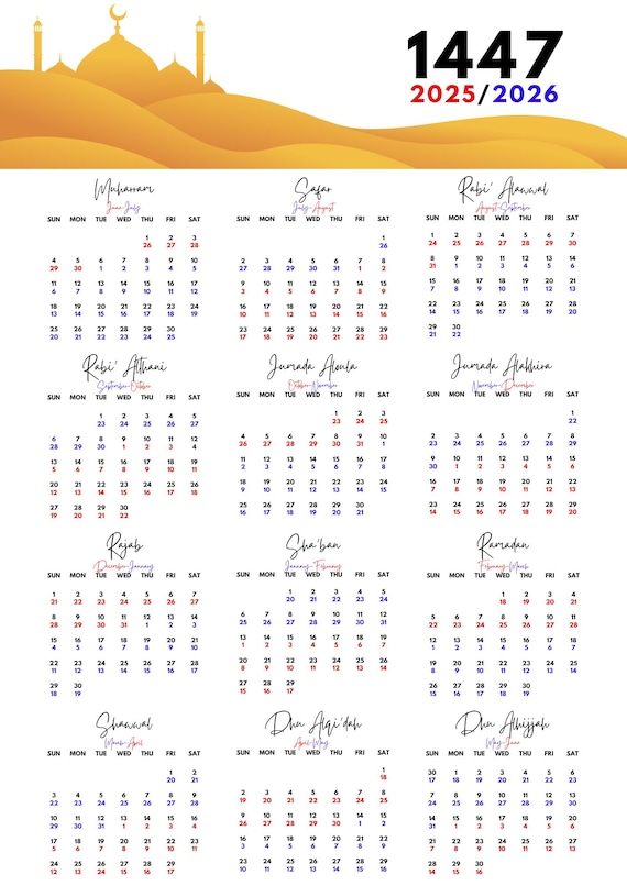 Hijri Calendar 1447 – Hijri Islamic Calendar, One Page Islamic New