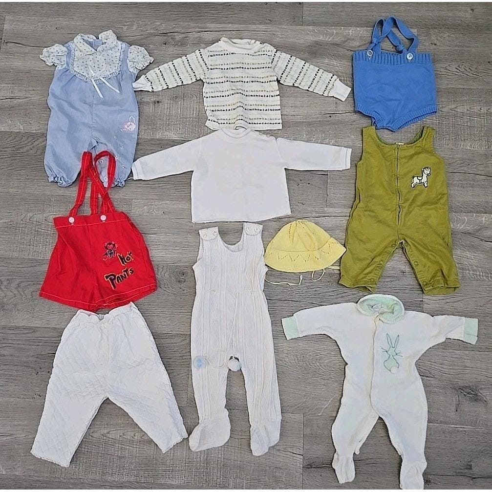 80's Vintage Baby Clothes Lot 9pcs Pants - Tops - One Piece - Overalls, 6-12m