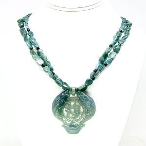Carved Green Chinese Jade Double Fish, Green Apatite Necklace - C7062