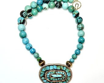 Antique Tibetan Turquoise Gau Box Amulet Necklace, Chinese Turquoise Beads