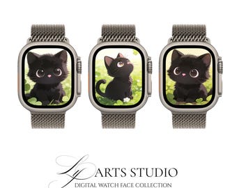 Anime Black Cat Watch Face Designs – Whimsical Meadow Smartwatch Wallpaper (Digital Download)