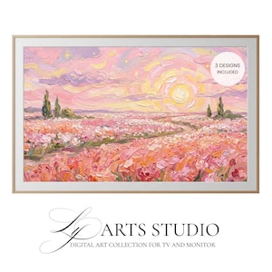 Pode incluir: Impressão de arte digital emoldurada com uma vibrante paisagem impressionista com um campo de flores cor-de-rosa sob um céu de pôr do sol. A obra de arte inclui um caminho, árvores e o texto "3 DESIGNS INCLUDED". A moldura é de cor de madeira clara.