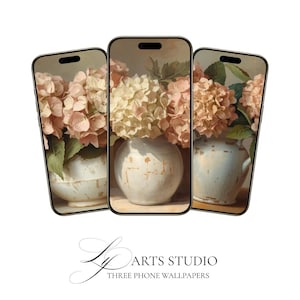 May include: Three phone wallpapers displaying a vintage floral still life. Each phone shows a different view of a bouquet of pink and cream hydrangeas in a distressed white vase. The text "Ly Arts Studio" is at the bottom.
