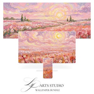 May include: A digital art wallpaper bundle featuring a vibrant impressionistic landscape with a field of pink and white flowers under a sunset sky. The image is displayed on a computer monitor, a phone, and a large rectangular surface. The text "ARTS STUDIO" and "WALLPAPER BUNDLE" is at the bottom.