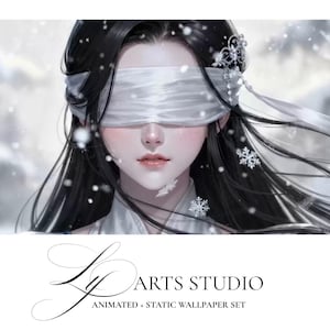 May include: Digital art of a woman with long black hair, a white blindfold, and snowflake accents. The image is set against a snowy background. The text "LY ARTS STUDIO" and "ANIMATED + STATIC WALLPAPER SET" are at the bottom.
