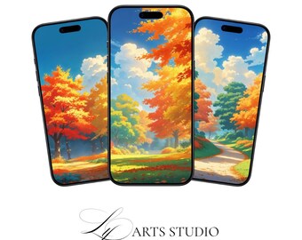 Autumn Landscape Phone Wallpaper: Anime Style Fall Nature (3-Pack Digital Download)