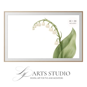 Puede incluir: Impresión de arte digital con una ilustración botánica de flores de lirio de los valles. La obra de arte incluye flores blancas en forma de campana, hojas verdes y el texto "4K + 8K INCLUDED". El marco es de color madera clara.