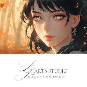 May include: Digital art of a woman with black hair and golden eyes, set against a blurred autumn forest backdrop. The image features soft lighting and delicate details, with the text "LY ARTS STUDIO LIVE & STATIC WALLPAPER SET".