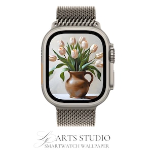 Sfondo per smartwatch con dipinto a olio di tulipani / Compatibile con Apple Watch, Galaxy Watch, Fitbit / Quadrante floreale neutro / Download immediato