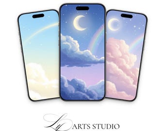 Sky Moon Rainbow Phone Wallpaper Set (3 Designs) – Digital Download