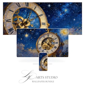 Pode incluir: Pacote de papel de parede digital com um design de relógio vintage com engrenagens visíveis e algarismos romanos, contra um céu estrelado. A imagem é exibida em um monitor de computador e um smartphone. O texto "ARTS STUDIO WALLPAPER BUNDLE" está na parte inferior.