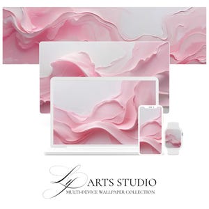 May include: A collection of digital devices, including a laptop, tablet, phone, and smartwatch, all displaying a pink and white abstract design. The devices are arranged on a white background. The text "LY ARTS STUDIO MULTI-DEVICE WALLPAPER COLLECTION" is at the bottom.