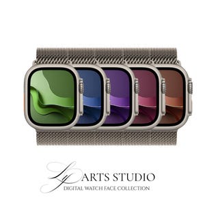 May include: A collection of smartwatches with various digital watch faces. The watch faces display shades of green, blue, purple, red, and brown. The watches have a silver-colored case and a mesh band. The text "ARTS STUDIO DIGITAL WATCH FACE COLLECTION" is at the bottom.