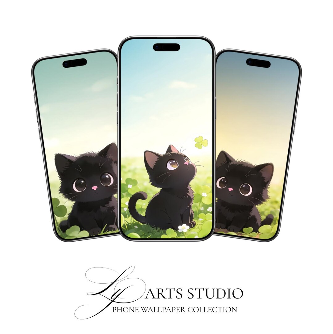Anime Black Cat Phone Wallpaper Set – Clover Meadow Designs (digital ...